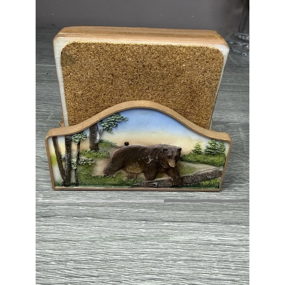 Rustic‎ Bear Family Coaster Set Holder Cabin Lodge Wildlife Decor Outdoorsy